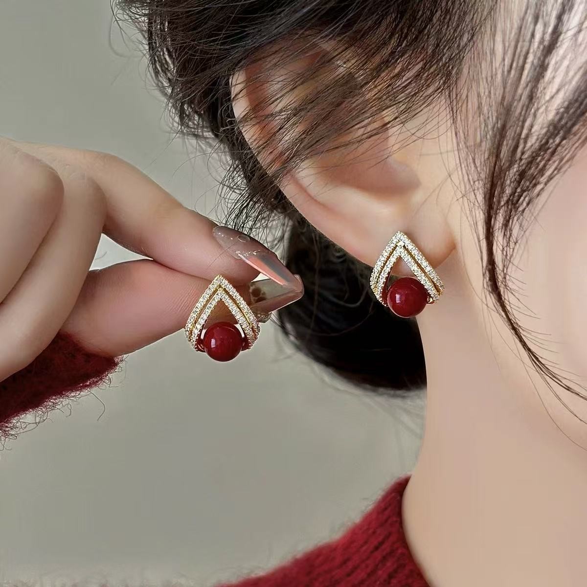 Pearl Stud Earrings - 925 Silber Nadel Koreanische Mode Weinrote